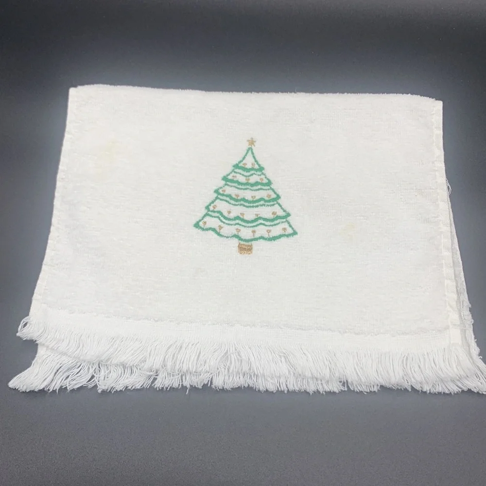 Six Vintage Fringed Christmas Tree Santa Bells Deer Holly Hand Finger Towels